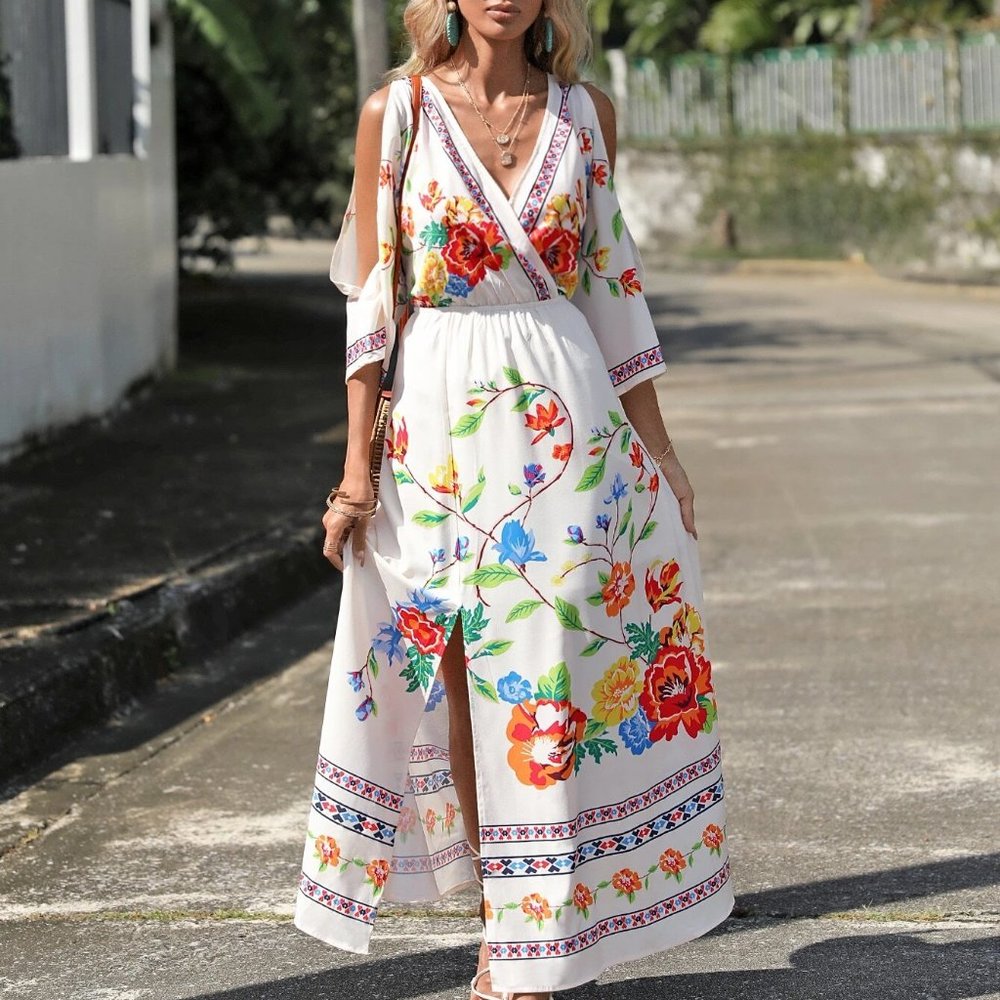 White Floral Print Cold Shoulder Maxi Dress - Picture 4 of 5